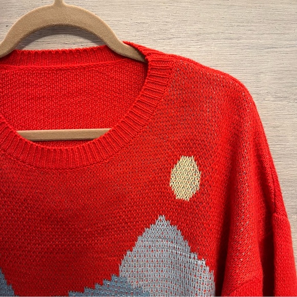 SHEIN Red Mountain Pattern Oversized Crew Neck Cropped Sweater Large GC - Picture 3 of 6